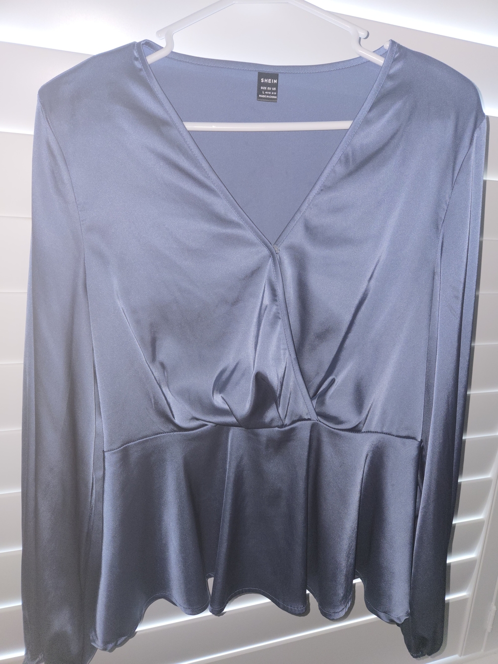 SHEIN Satin V-Neck Peplum Top in Steel Blue